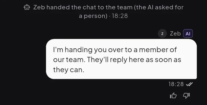 Event line: Zeb handed the chat to the team (the AI asked for a person), followed by the AI's reply with an AI badge and feedback buttons.