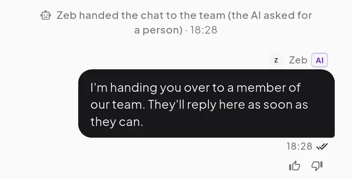 Event line: Zeb handed the chat to the team (the AI asked for a person), followed by the AI's reply with an AI badge and feedback buttons.