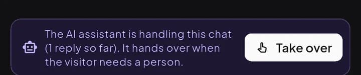 Banner: The AI assistant is handling this chat (1 reply so far). It hands over when the visitor needs a person. Button: Take over.
