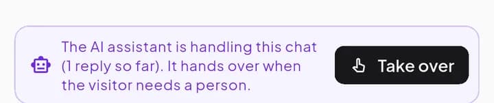 Banner: The AI assistant is handling this chat (1 reply so far). It hands over when the visitor needs a person. Button: Take over.