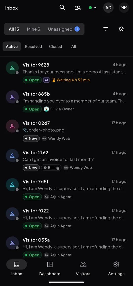 The ZebChat app inbox: chats with status, assignee, unread count and an AI badge.