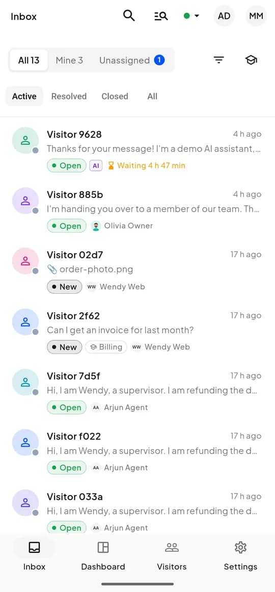 The ZebChat app inbox: chats with status, assignee, unread count and an AI badge.