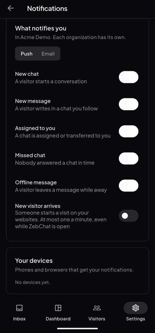 Notification settings: switches for new chat, new message, assigned to you, missed chat, offline message and new visitor arrives.