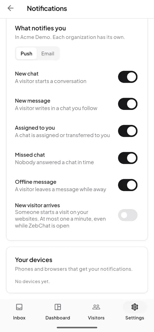 Notification settings: switches for new chat, new message, assigned to you, missed chat, offline message and new visitor arrives.