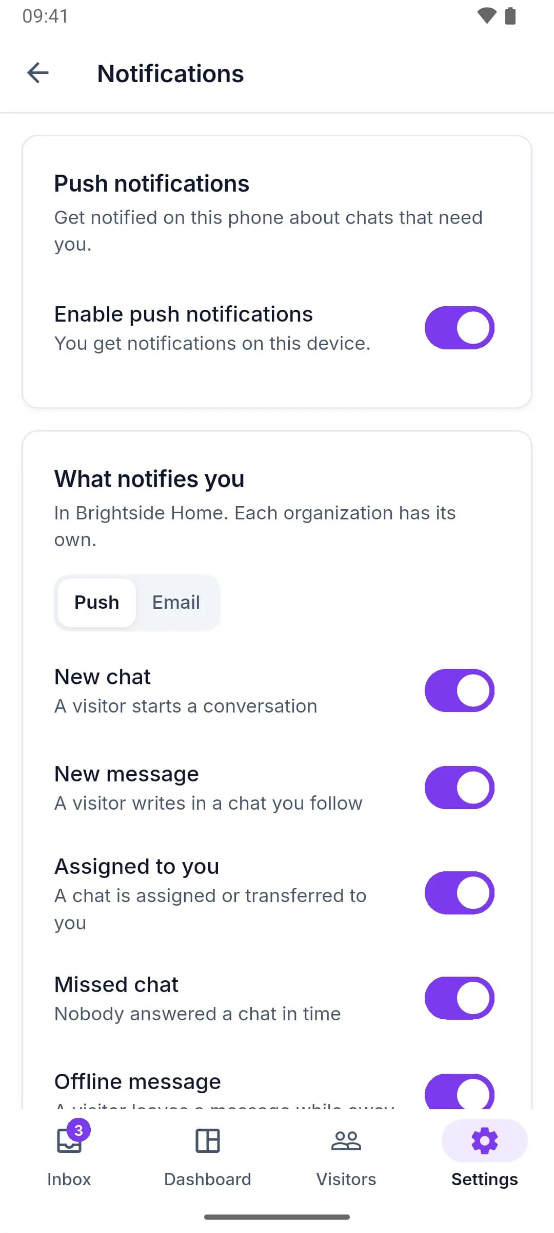 Push notification settings in the ZebChat app.