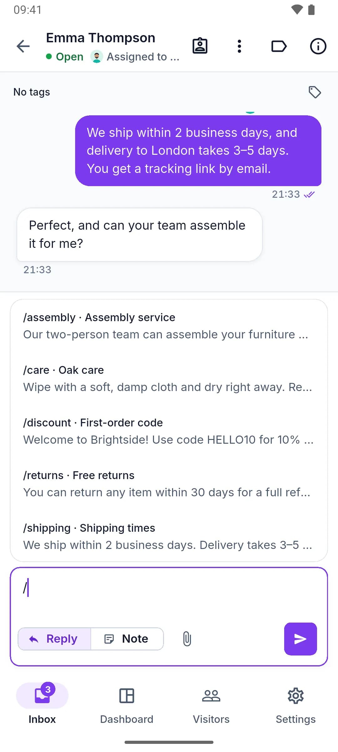 The composer in the ZebChat app with the saved replies picker opened by typing "/".