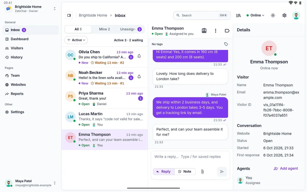The ZebChat app on a tablet: navigation sidebar, inbox, the open conversation and the visitor details side by side.